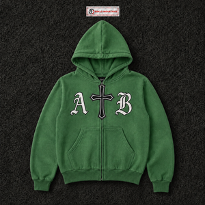 Sudadera con capucha verde personalizada con cremallera, estilo gótico oversize con gráfico de cruz y letras AB, ropa urbana unisex, sudadera con capucha de moda para hombre. - Product Image 5