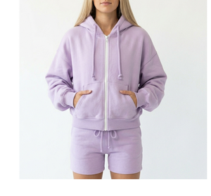 Ensemble de shorts 2 pièces rose pour femmes, sweat-shirt en polaire à capuche avec fermeture éclair sur le devant et poches, vêtements décontractés pour le printemps et l'été - Product Image 2