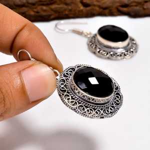 Faceted <b>Black</b> Onyx Filigree <b>Dangle</b> <b>Earrings</b> Handmade Sterling Silver Vintage Boho Jewelry Gift For Women - Product Image 6
