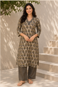 Kurti beige à imprimé floral pour femmes, col en V, manches trois quarts, coupe droite, tunique ethnique, décontractée, confortable, à porter au quotidien - Product Image 6