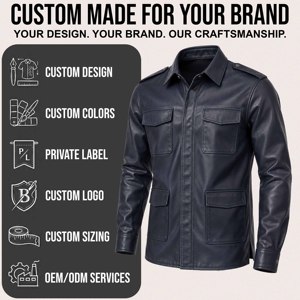 Veste chemise de terrain en cuir bleu marine premium pour homme, manches longues, quatre poches utilitaires sur le devant, épaulettes aux épaules, fermeture boutonnée, élégante - Product Image 5