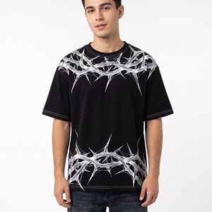 Oversized Black T <b>Shirt</b> for <b>Men</b> with <b>White</b> Abstract Tribal Thorn Graphics and <b>Short</b> <b>Sleeve</b> Crew Neck Design - Product Image 1