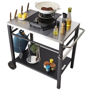 Carrello da Esterno per Barbecue con Doppio Ripiano in Acciaio Inox, Tavolo Portatile Multifunzionale per Preparazione Cibo e Accessorio per Esterni - Product Image 6