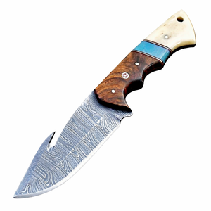 Couteau de chasse artisanal Edge Master Manufacture, acier Damas, manche en bois de rose et os, avec étui en cuir de qualité industrielle. - Product Image 1