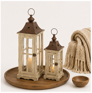 Farmhouse Wood and Metal Candle <b>Lantern</b> <b>Set</b> of 2 Distressed White Decorative <b>Lantern</b> with Glass Panels for Indoor Outdoor Home - Product Image 6