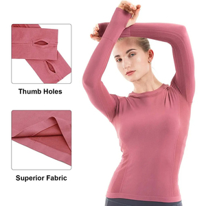 เสื้อออกกำลังกายแขนยาวไร้ตะเข็บสำหรับผู้หญิง สีพื้น คอกลม ทรงเข้ารูป ผ้าถักยืดหยุ่น แห้งเร็ว เหมาะสำหรับออกกำลังกายในยิม - Product Image 5