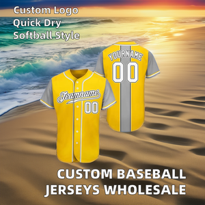 Maillot de baseball personnalisé pour homme, jaune et gris, manches courtes, boutonné, impression sublimée, évacuation de l'humidité, vêtements toutes saisons - Product Image 6