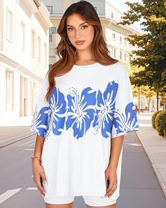 <b>Women's</b> <b>White</b> O-Neck <b>Short</b> <b>Sleeve</b> Floral Print Loose Fit Cotton Jersey Casual T-<b>Shirt</b> Spring Summer Top - Product Image 2
