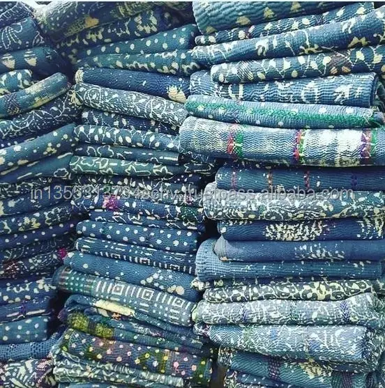 Geri dönüşümlü hint el yapımı Vintage çiçek baskı renkli baskılı Patchwork yeşil geri dönüşümlü Kantha yorgan