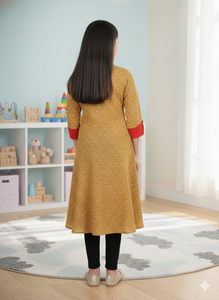 ชุดอานาร์กาลีผ้าฝ้ายพิมพ์ลายดอกไม้สำหรับผู้ใหญ่ สีเหลือง ทรงบาน สไตล์ชาติพันธุ์  แบบดั้งเดิม สำหรับงานเทศกาล  ใส่สบายๆ ในฤดูร้อน - Product Image 2