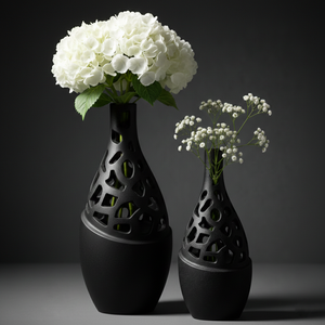 Ensemble moderne de 2 vases à fleurs en aluminium au design creux, noir mat nordique, géométrique abstrait, pour la maison, le bureau, les mariages et la décoration - Product Image 3