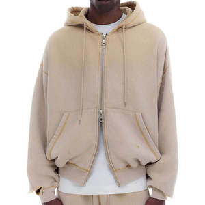Casual Beige Abrigo Hooded <b>Zip</b>-<b>Up</b> <b>Jacket</b> with Contrast Stitching & Pockets, Relaxed Fit Outerwear for Men Oversized Sweatshirt - Product Image 1