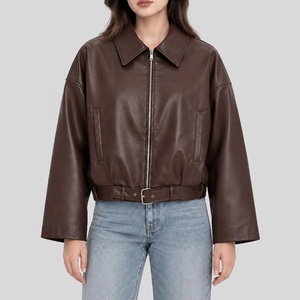 New Arrival Custom Brown Leather <b>Jacket</b> For <b>Women</b> <b>Zip</b> <b>Up</b> Collar Waist Belted Long Sleeve Outerwear Casual <b>Women</b> Crop <b>Jacket</b> - Product Image 1