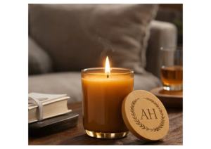 Bougie en cire de soja parfumée en pot ambré avec couvercle en bois personnalisé, parfum boisé artisanal, décoration intérieure élégante, 20-40 Thanksgiving - Product Image 2