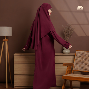 Ensemble Abaya Islamique et Khimar Français pour Femme, Couleur Bourgogne, en Coton Marbella Premium, Non Tissé Uni, Coupe Ample, Robe Modeste avec Coffret Cadeau - Product Image 3