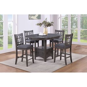 Juego de Comedor Contemporáneo de 5 Piezas, Mesa Redonda de Altura Media con Extensión y 4 Sillas Laterales en Acabado Gris, Madera Sólida - Product Image 1