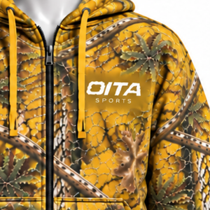 Mustard Nature Print <b>Zip</b> Up <b>Hoodie</b> Mens Outdoor Casual Hooded Sweatshirt with Drawstring Front <b>Pockets</b> Warm Streetwear Jacket - Product Image 6