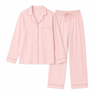 Conjunto de Pijama para Mujer, Tejido de Algodón Ecológico, Transpirable, Cuello en V, Cierre de Botones, Mangas Largas, Cintura Elástica - Product Image 1