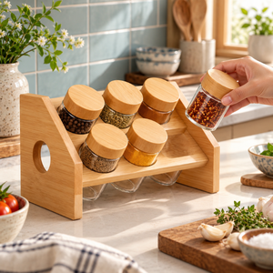 Ensemble de pots à épices en verre avec couvercles en bambou et support d'affichage incliné pour le rangement sur le comptoir de cuisine |   Organisateur d'assaisonnements moderne - Product Image 2