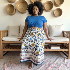 Elegant Bohemian Style Handmade Floral <strong>Print</strong> Women's Knee-Length Wraparound Skirt <strong>Bright</strong> Blue Yellow Cotton <strong>Fabric</strong>-Machine Made - Product Image 1
