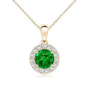 สร้อยคอทอง 14K ประดับมรกตทรงกลมขนาด 6 มม. น้ำหนัก 0.75 กะรัต พร้อมเพชรทรงกลมขนาด 0.21 กะรัต ประดับรอบเพชรแบบพาเว่ ติดกับจี้แบบมีสายโซ่ - Product Image 1