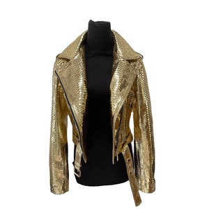 Phụ Nữ Của Mùa Đông Da Cừu Chính Hãng Da Biker Áo Khoác Vàng Nổi Mô Hình Động Vật Windproof Thoáng Khí Dây Kéo Vải Bán Buôn - Product Image 1