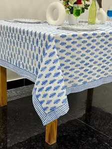 Custom Boho Retro Blue & White Floral <b>Tablecloth</b> Hand Block Print Farmhouse Style for Easter Brunch & Weddings Table Cloth Gift - Product Image 3