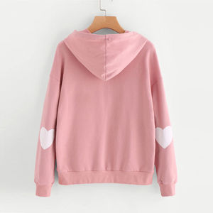 Women's Pink Hooded Sweatshirt With White <b>Heart</b> Appliques Long Sleeve Casual Autumn Wear - Product Image 2