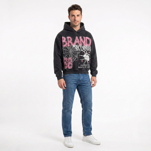 Sudadera con Capucha Extra Grande de Estilo Vintage Personalizada para Hombre, Negra, de Algodón French Terry, Diseño de Telaraña Estampada, con Bolsillo Delantero - Product Image 5