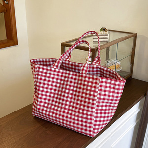 Wholesale <b>Large</b> Capacity Simple Plaid <b>Canvas</b> Shoulder <b>Bag</b> Pink <b>Large</b> <b>Canvas</b> Summer Beach Shopping Checked Cloth Tote <b>Bag</b> - Product Image 5