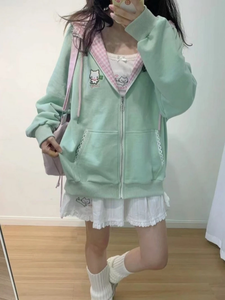 Sweat-shirts à capuche zippés pour femme, imprimé floral chat Kawaii vert, veste fine rose, vêtements de printemps et d'automne, streetwear mignon - Product Image 5