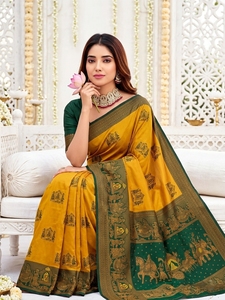 Sari Tradicional Indio de Seda para Mujer, Amarillo y Verde Estampado, para Bodas, Largo hasta el Suelo, Corte Regular, Sin Arrugas, para Adultos - Product Image 5