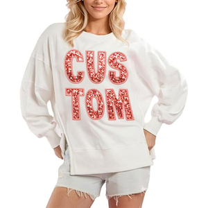 Custom <b>Sequined</b> Oversized Sweatshirt Women Long Sleeve Drop Shoulder O-Neck Loose Fit <b>White</b> Cotton Knitted <b>Top</b> Front Logo Casual - Product Image 1
