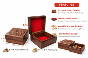 Boîte de rangement en bois sculptée à la main, écologique, art populaire, Arbre de Vie, doublure en velours, emballage cadeau décoratif, vente en gros OEM - Product Image 6