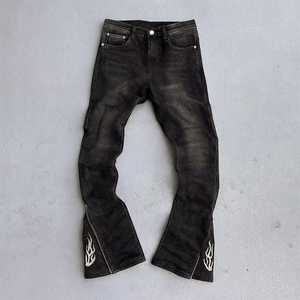 Women's Black Distressed Denim Flare Pants With Flame Embroidery Mid Waist Regular Fit Full Length Casual Autumn Style - Product Image 1