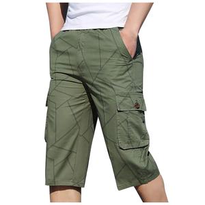 Men's Green Geometric Cargo Shorts Elastic Waist Multiple Pockets Casual Style Breathable Polyester Fabric - Product Image 1