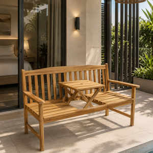 Banc de jardin en teck avec table pliante, mobilier de patio pour hôtel, villa, complexe hôtelier, balcon - Product Image 1