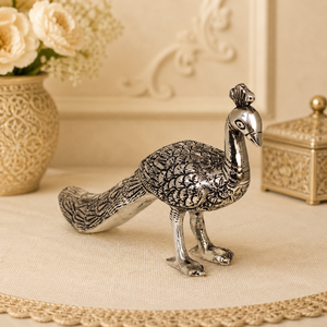 Figurine de paon antique en argent poli, sculptée à la main, en métal, objet décoratif pour cadeaux et événements festifs - Product Image 4