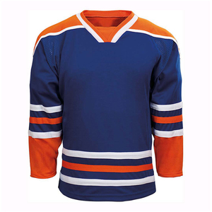 Maillot de hockey sur glace personnalisé pour homme, col en V, manches longues, sublimé, 100 % polyester, anti-humidité, rayures bleues, oranges et blanches - Product Image 1