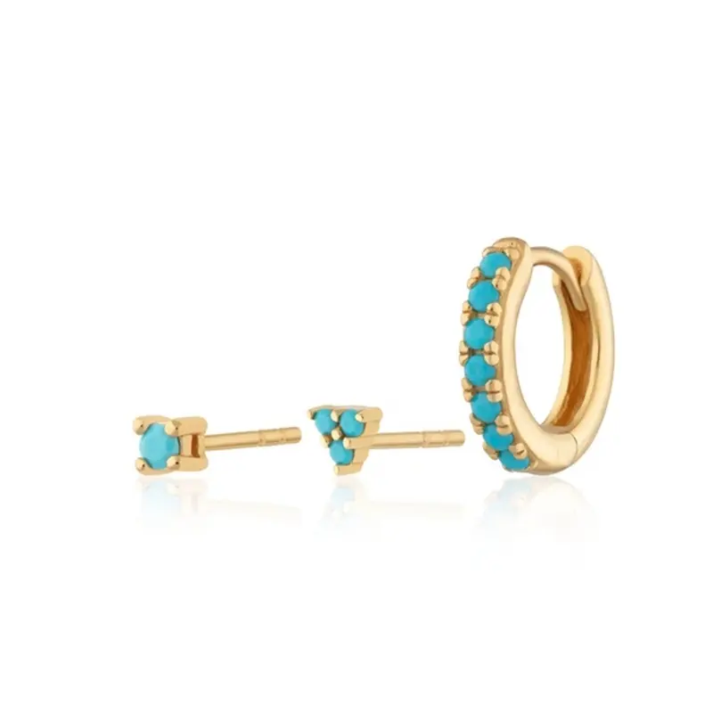 3pcs/set 925 Sterling Silver Jewelry Fashion Turquoise Combination Multi Color Zircon Stud Gold Plated Earrings
