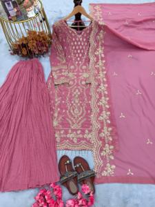 Salwar Kameez Rosa para Mujer con Bordado Dorado, Traje de Boda Tradicional Largo hasta el Suelo, Corte Holgado y Elástico, Estilo India-Pakistán - Product Image 4