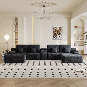Divano Componibile a 5 Posti con 2 Pouf, Larghezza 150 cm, Comodo Divano a U in Tessuto di Velluto a Coste NERO per Soggiorno - Product Image 1