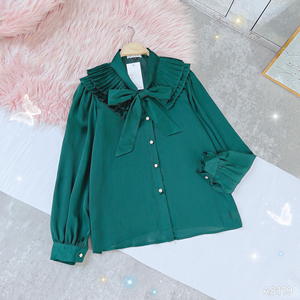 Blusa de mujer al por mayor con botones frontales, cuello con lazo, capas, volantes plisados, mangas largas, top de trabajo para boutiques de moda - Product Image 5