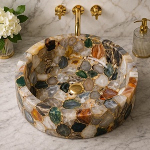 Agra Heritage Marble Crafts Handcrafted White Agate Gemstone Vessel <b>Basin</b> Eco-Friendly Modern Design for Bathroom Countertop - Product Image 2