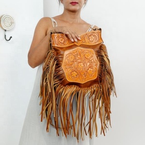 New Best Seller Hand Tooled Leather Western Women Crossbody Purse Hair On Cowhide Fringe <b>Conceal</b> Carry Genuine Leather Handbag - Product Image 3