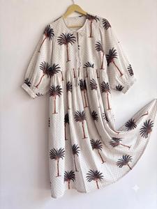 Vestido Midi Boho de Verano para Mujer, Estampado Floral, Hecho a Mano, Ecológico, Lavable, de Algodón, Cuello en V, Manga Corta, Natural - Product Image 1