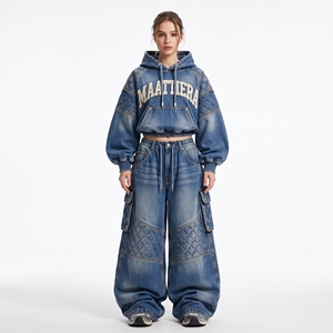 <b>Womens</b> Blue Washed Denim Cargo Tracksuit Quilted Panel Oversized Hoodie <b>Baggy</b> Wide Leg <b>Jeans</b> Streetwear Custom OEM Wholesale - Product Image 1