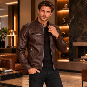 <b>Men</b>’s Brown <b>Genuine</b> <b>Leather</b> Biker <b>Jacket</b> with Zip Pockets | Braune Herren-Motorradjacke aus Echtleder - Product Image 3