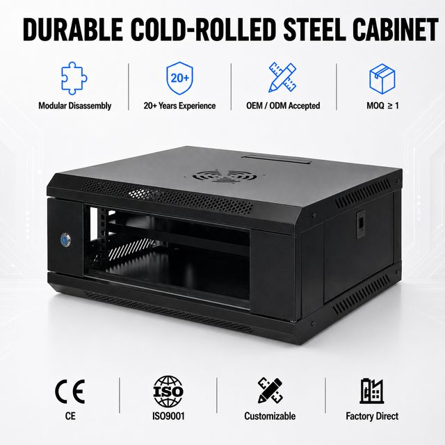 4U 19 Inch Wall Mounted Metal Server Rack Enclosure with Tempered Glass Door for CCTV Telecom Computer Room Equipment in Stock
