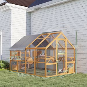 Grand enclos pour chat en bois avec couverture imperméable, 2 condos et 6 plateformes, ponts et portes pour chats géants, jaune - Product Image 3